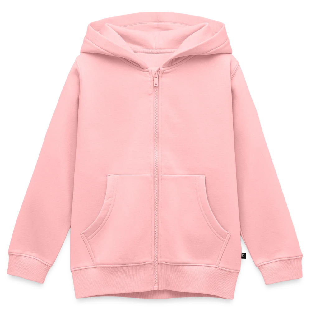 Kinder Premium Organic Zip Hoodie Vorderansicht mit Reissverschluss, Kapuze und Kängurutasche