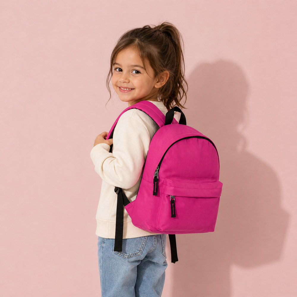 Mädchen mit pinkem Kinder Rucksack SOL'S auf dem Rücken, Seitenansicht
