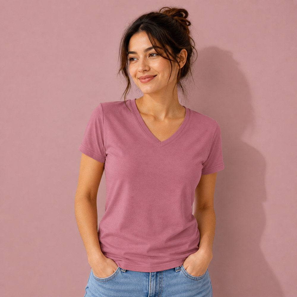 Frau trägst personalisierbares Bio T-Shirt mit V-Ausschnitt Vorderansicht