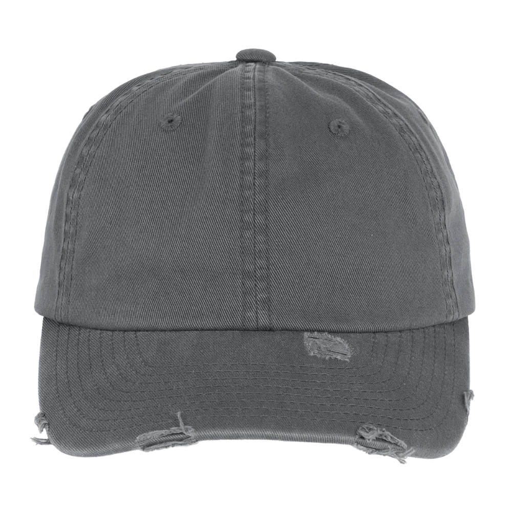 Flexfit Vintage Destroyed Cap Frontansicht mit niedrigem Profil und gebogenem Schirm