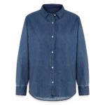 Frauen Jeanshemd Organic in Indigo mit Spitzkragen und Knopfleiste, Frontansicht