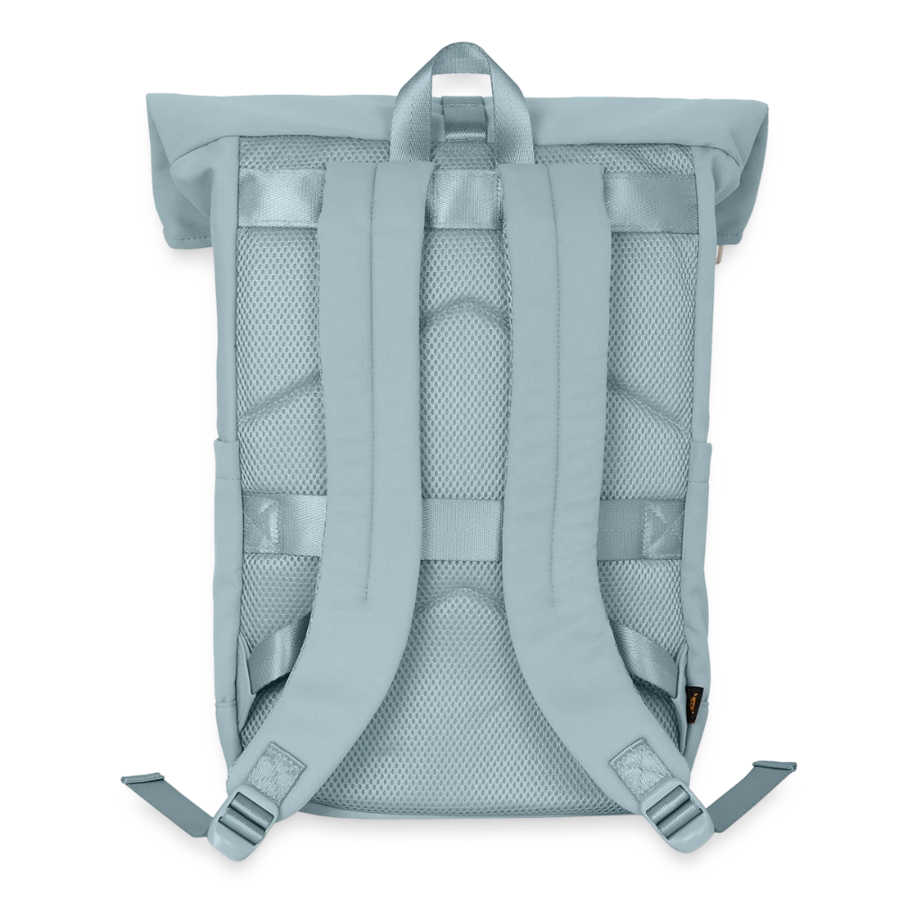 Rückseite des Rolltop-Rucksacks mit gepolstertem Tragesystem und Trolley-Schlaufe